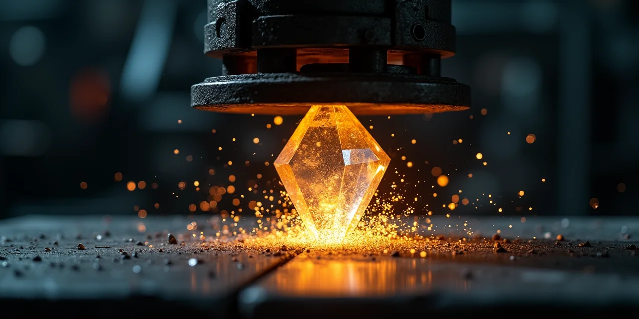 A large crystal being compressed between hydraulic press plates into a smaller glowing gem, representing extreme model compression