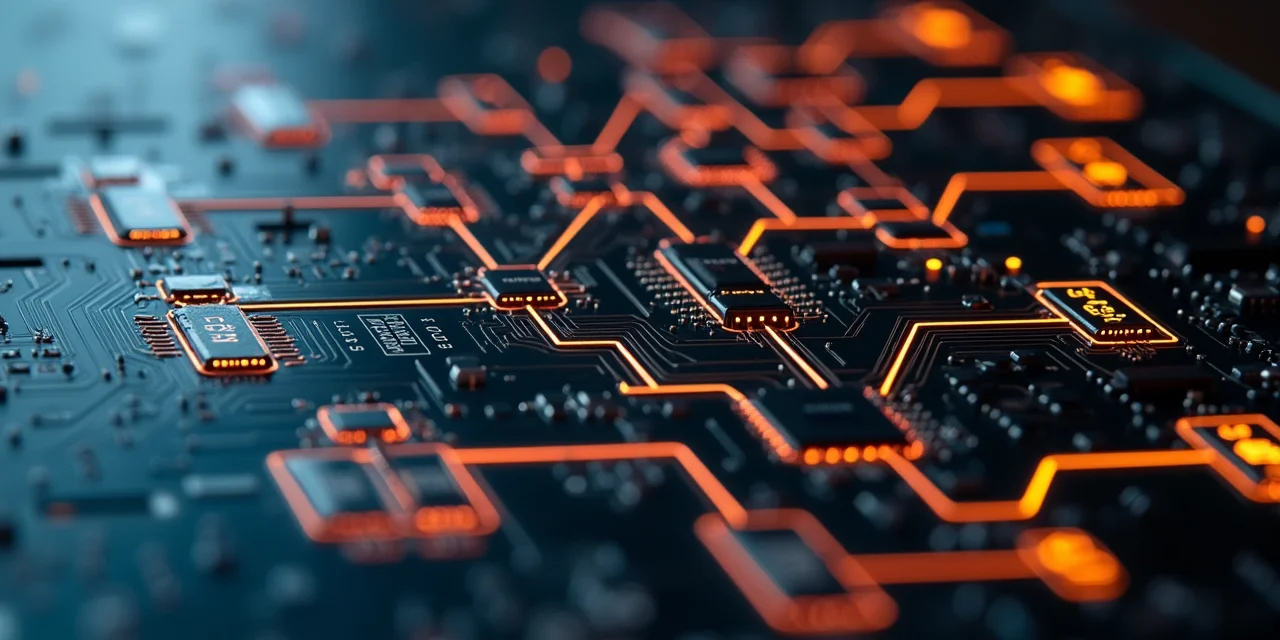 A circuit board decision tree with template nodes connected by copper traces, one path illuminated — representing template selection in hierarchical reasoning