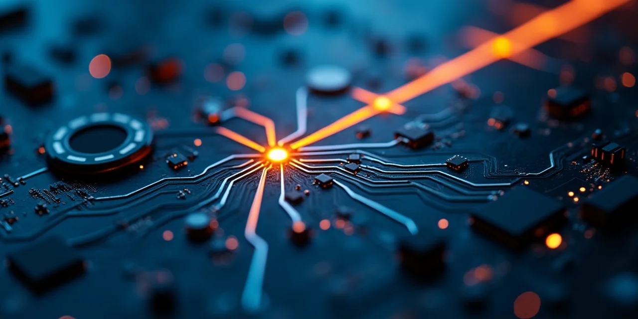 A circuit board with branching illuminated pathways ending at specialized connectors, representing an agent building its own skill routes