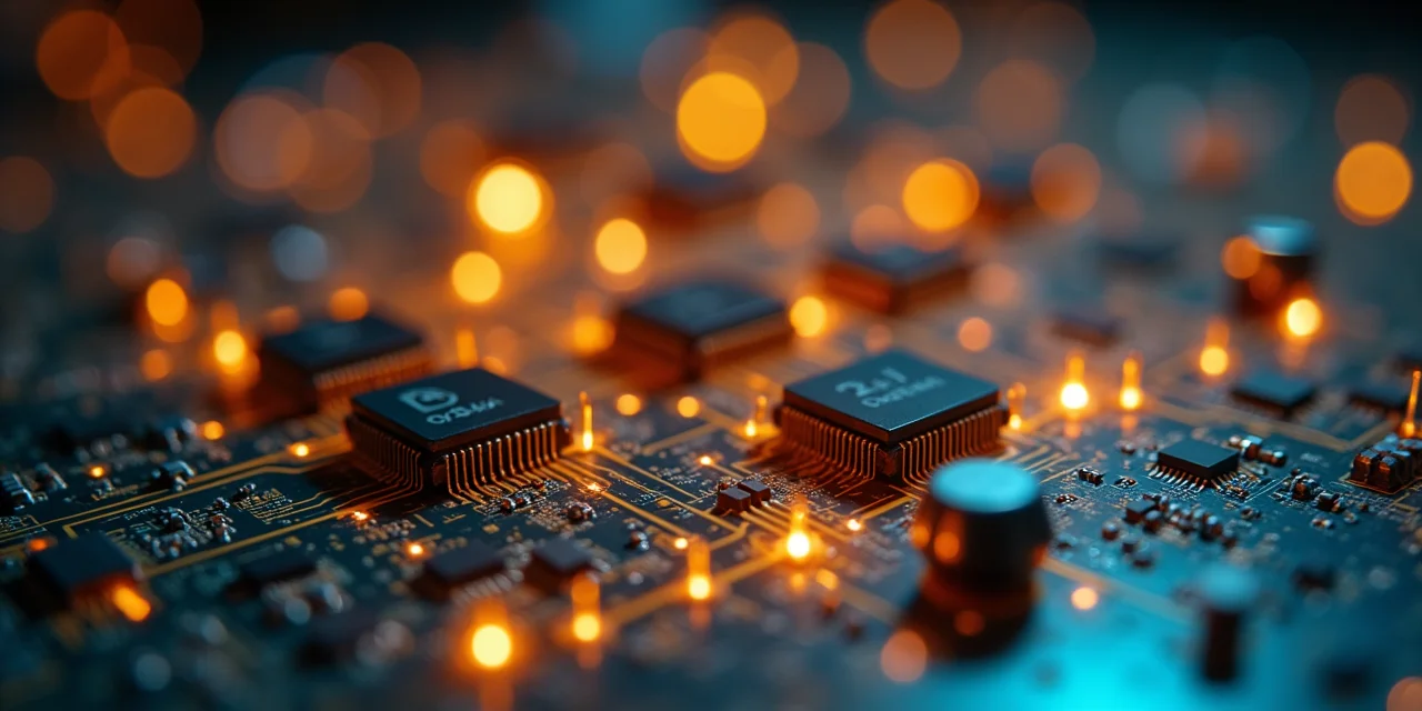 A miniature office diorama built from circuit boards with LED-lit org chart connections between microchip workstations