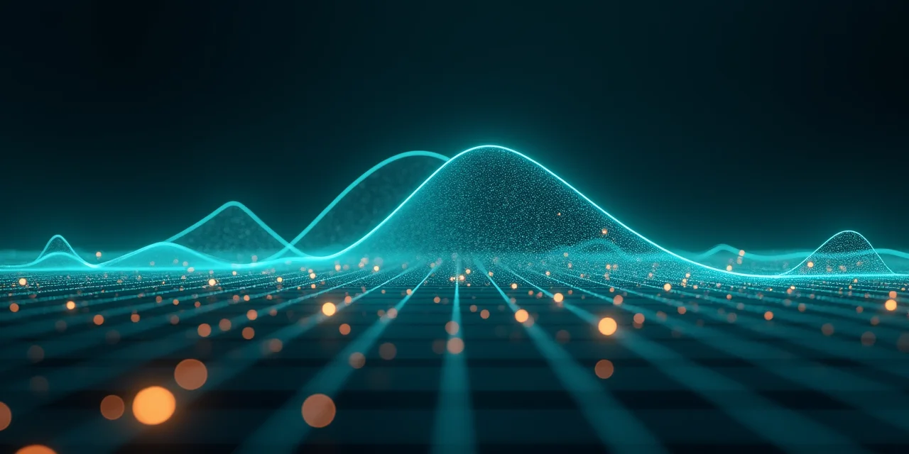 A glowing power-law curve on a dark grid surface with scattered data points, representing scaling law predictions