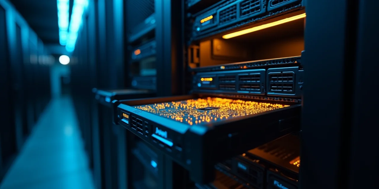 A server rack with select storage bays pulled open and glowing amber amid cool blue sealed bays, representing selective trace inspection in Meta-Harness
