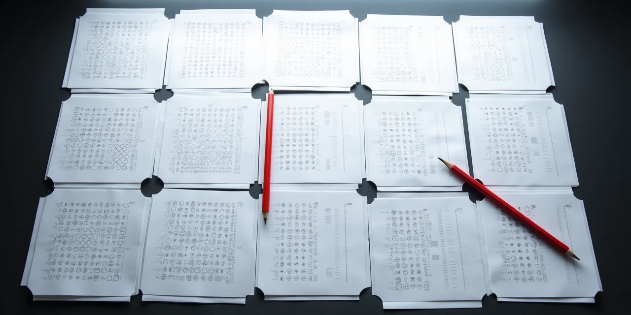 Standardized test answer sheets in a grid with a red pencil, representing structured agent evaluation