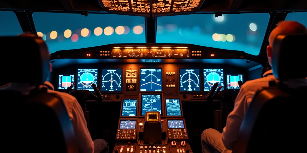 An aircraft cockpit instrument panel with glowing screens showing an automated flight path, representing the shift from hands-on control to judgment-based oversight