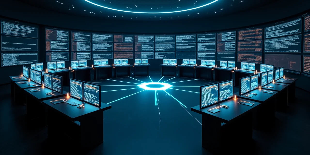 Multiple glowing terminal screens in a dark command center connected by luminous data threads to a central hub