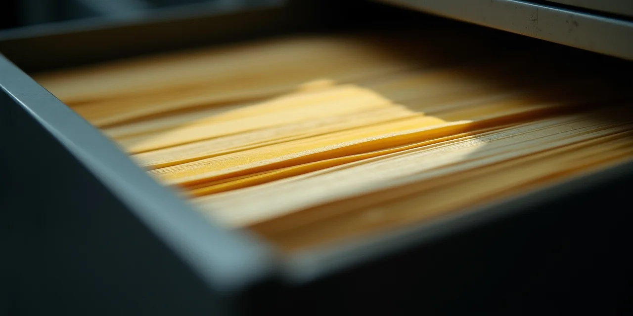 A filing cabinet with index cards ranging from crisp white to yellowed, representing memory truth decay over time