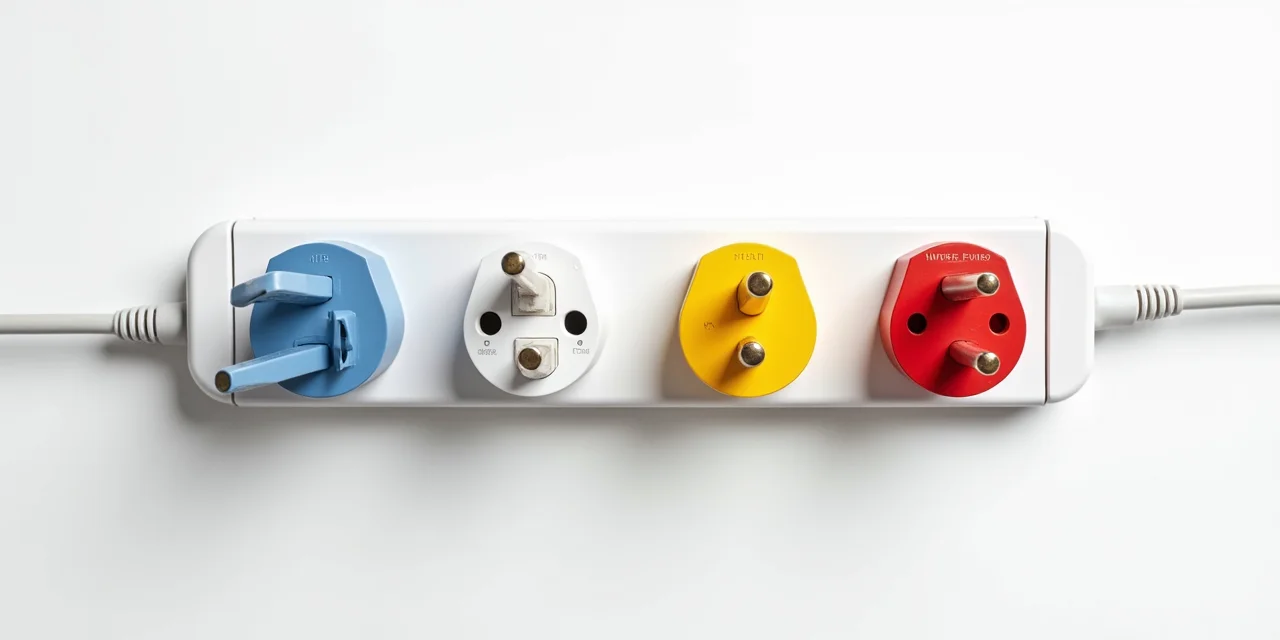 Four incompatible electrical plug types trying to connect to one power strip, representing SDK interoperability failure