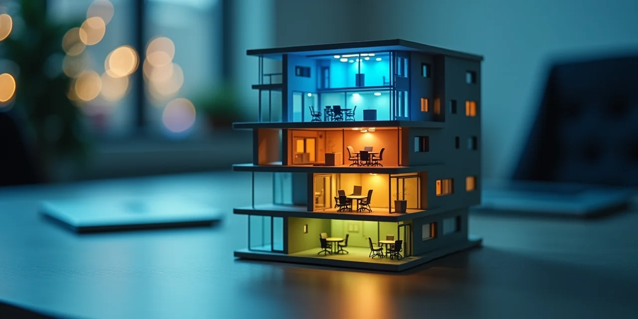 A cutaway architectural model of a three-level building with blue, amber, and green lighting on each floor, representing governance, execution, and compliance layers