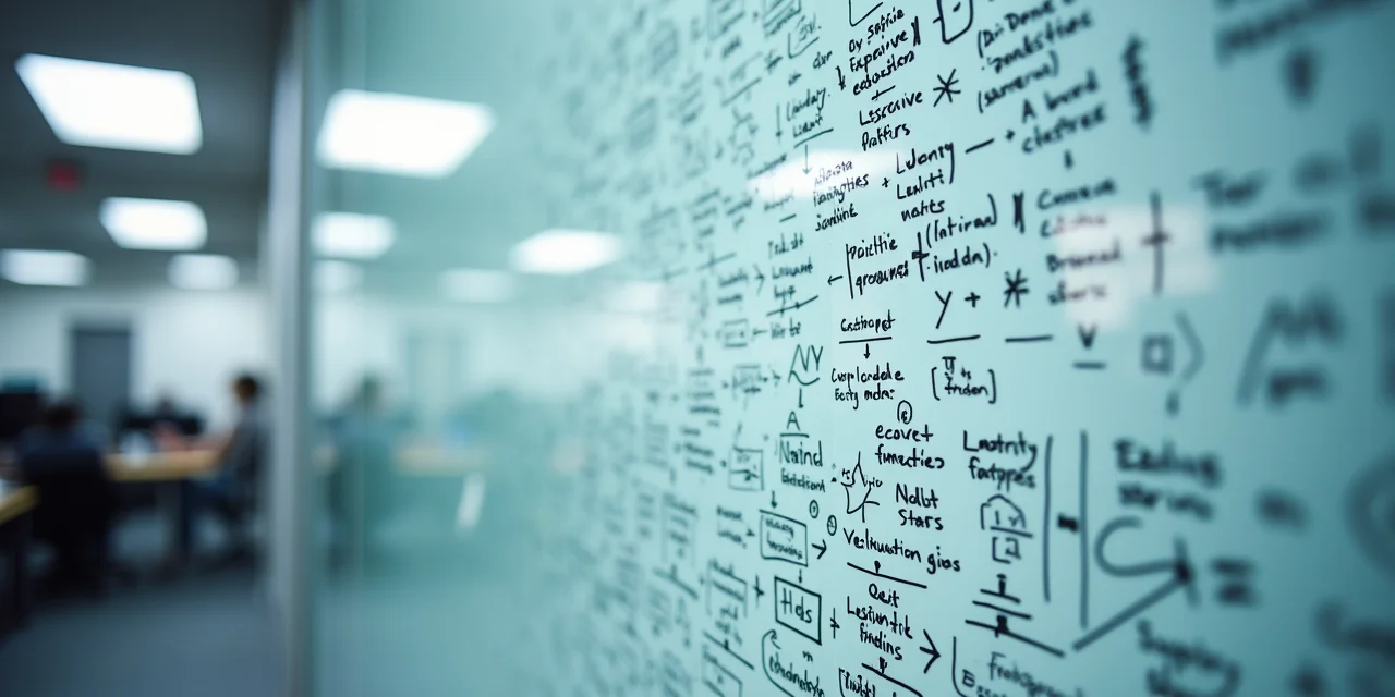 A glass whiteboard packed with equations and diagrams with only a tiny empty corner remaining, representing context crowding out reasoning space