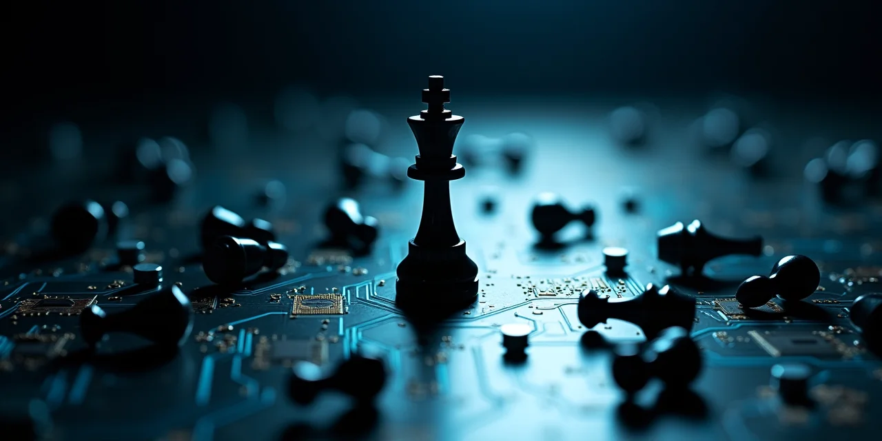 A single chess piece standing on a circuit board surrounded by fallen pieces, representing single-agent superiority over multi-agent swarms under equal conditions