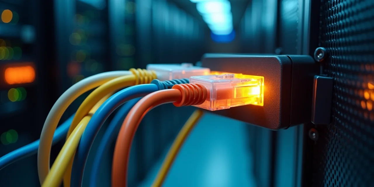 Colored ethernet cables from different server racks converging into a single glowing junction box in a data center, representing protocol standardization
