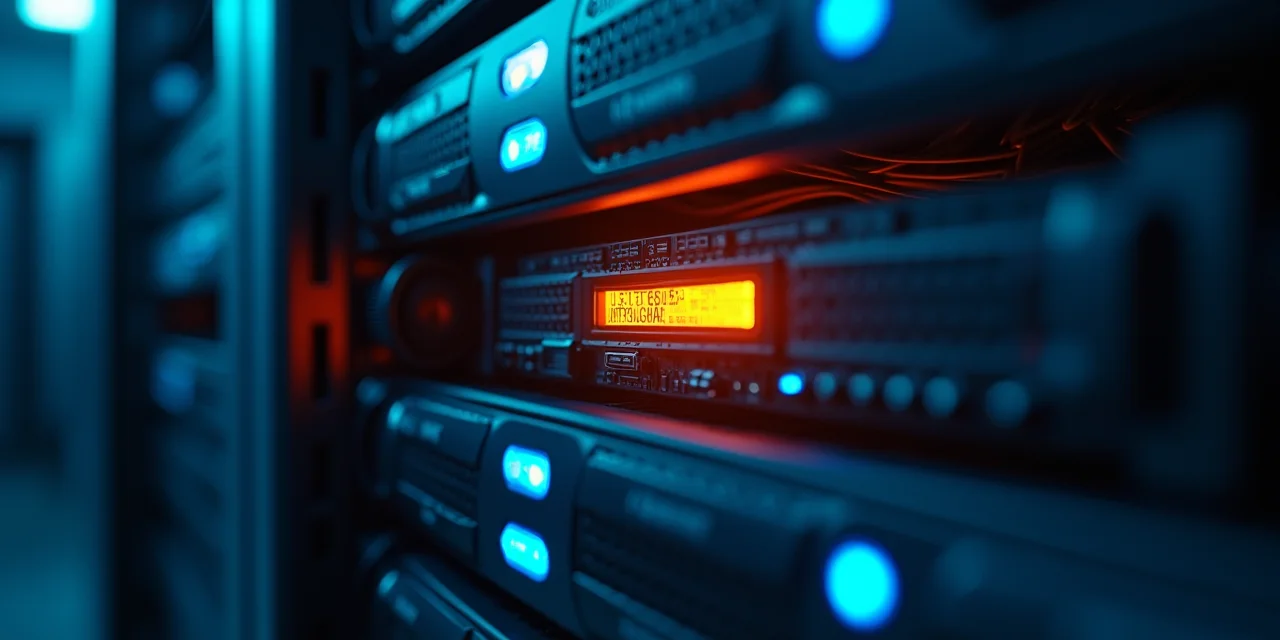 A single warm-amber compute module glowing inside a cool blue server rack, representing one managed runtime slot among self-hosted infrastructure