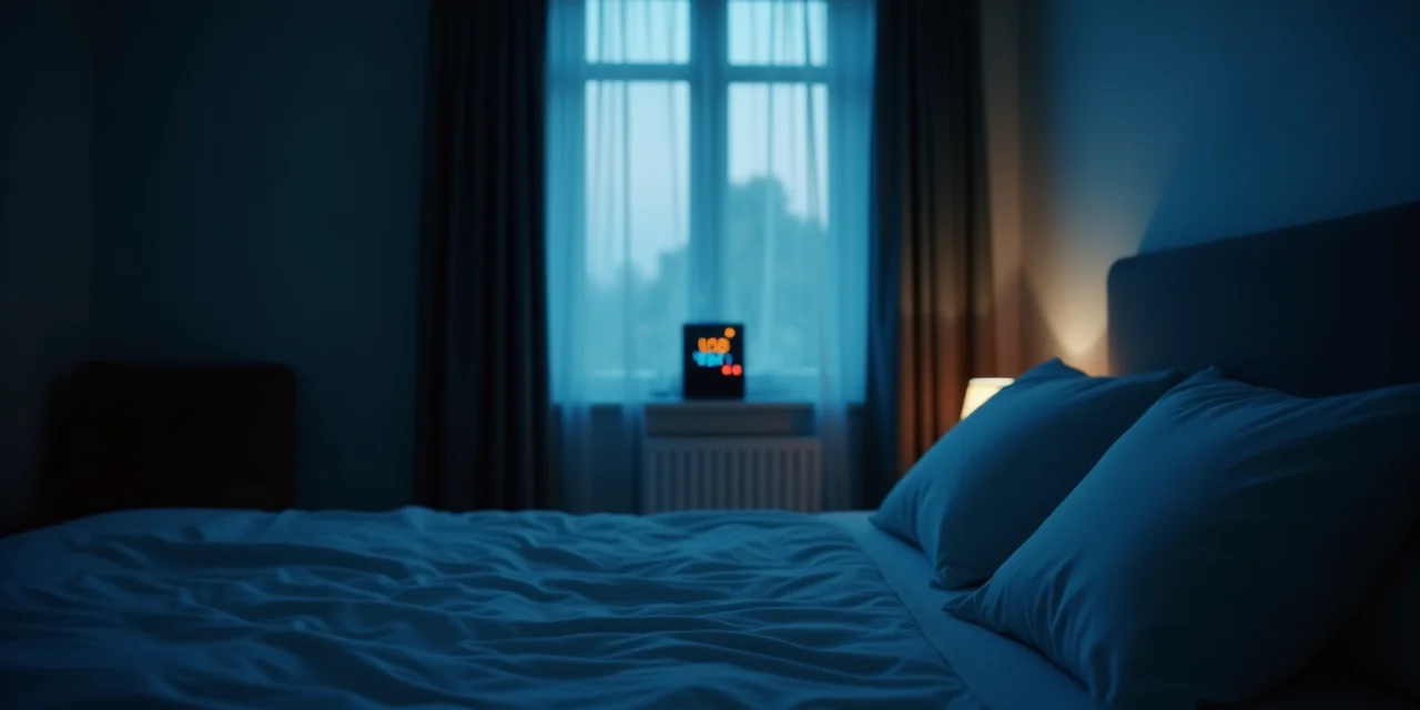 Dawn light slipping through blackout curtains onto a digital alarm clock and empty pillow