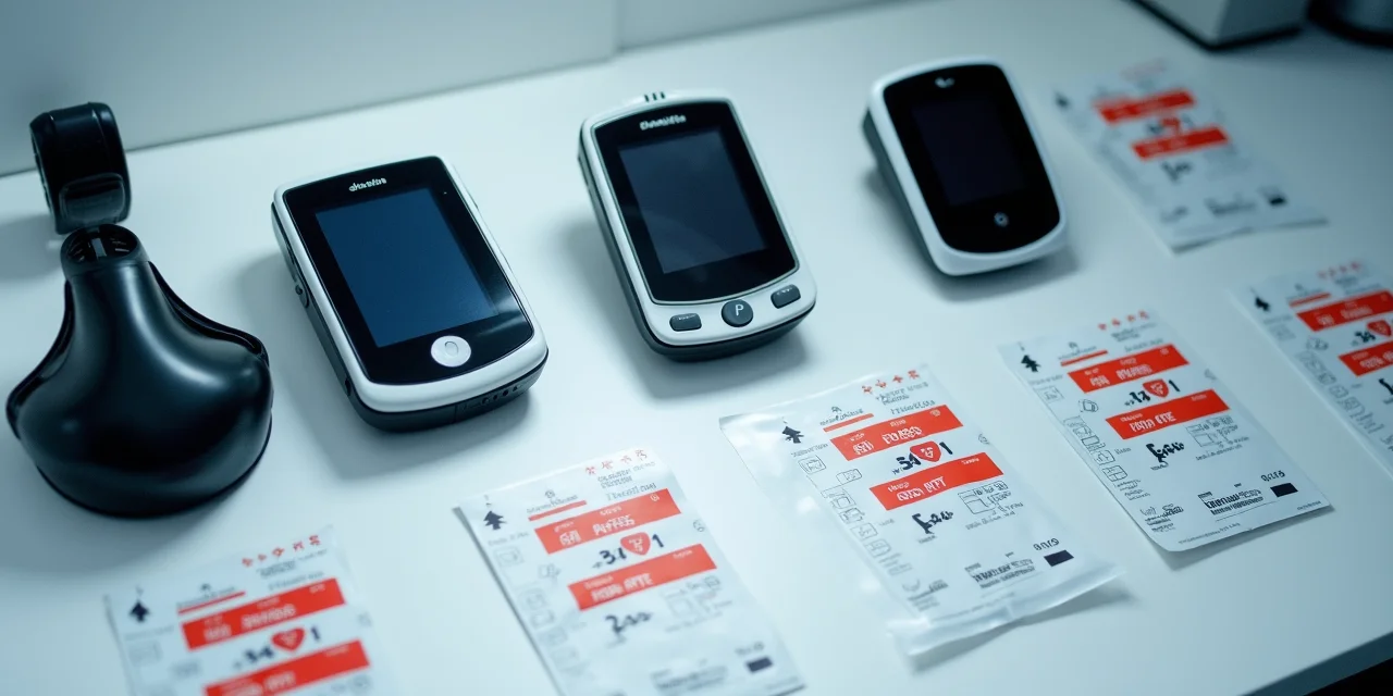 Heart rate monitors, lactate testing strips, and a VO2max mask arranged on a clinical lab bench