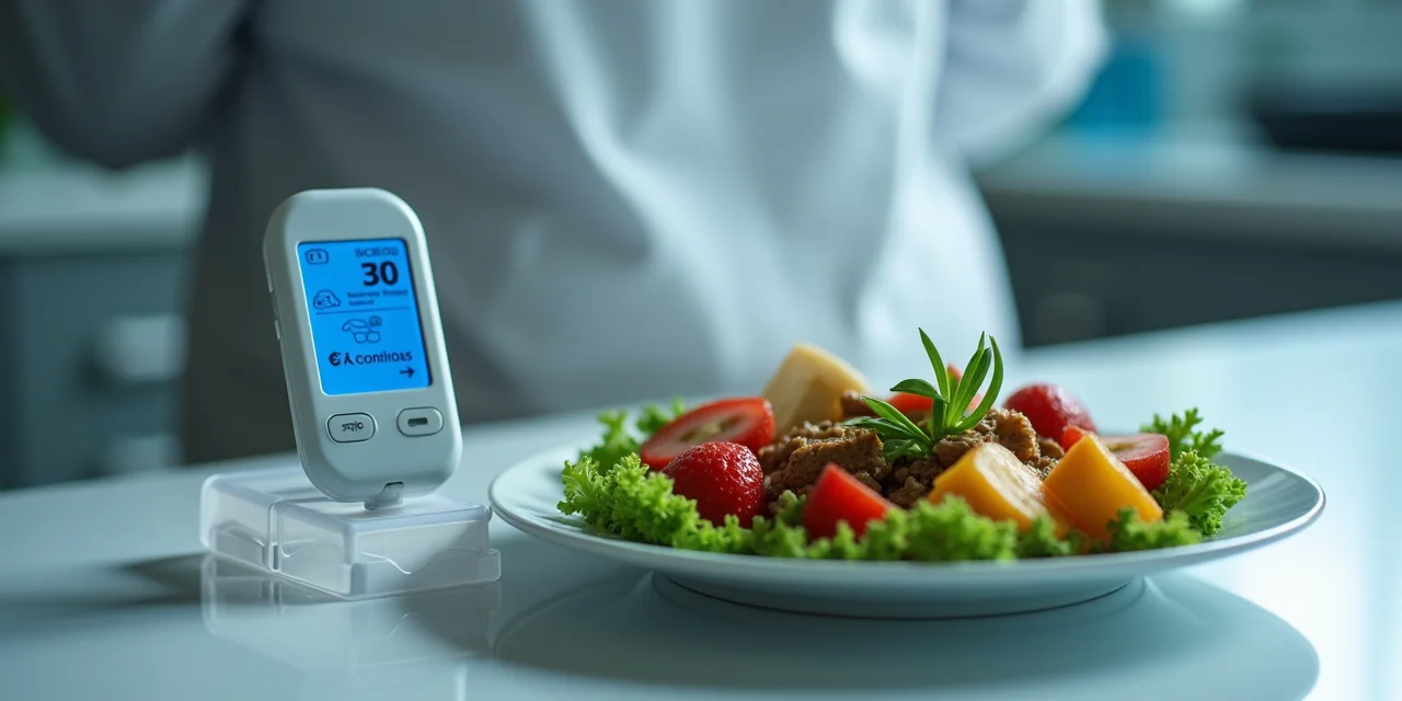 A continuous glucose monitor beside a portioned meal plate on a clean laboratory bench