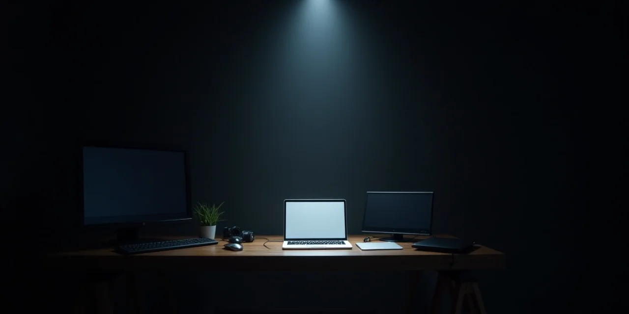 A single beam of light illuminating an open notebook on a dark desk surrounded by switched-off devices