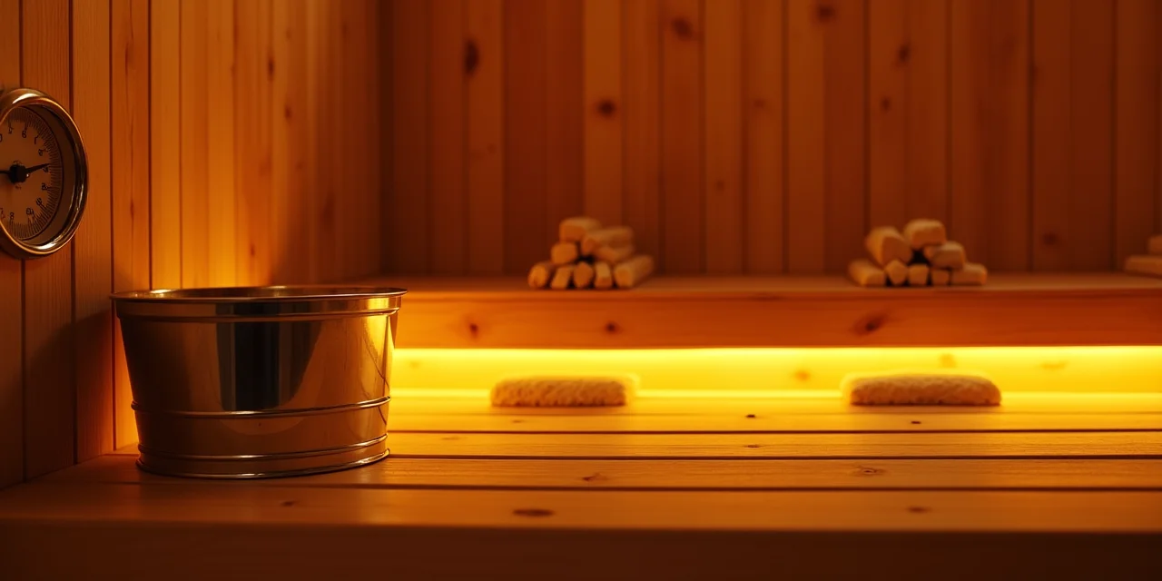 Sauna interior with a temperature gauge, water bucket, and glowing heated stones in soft cedar-toned light