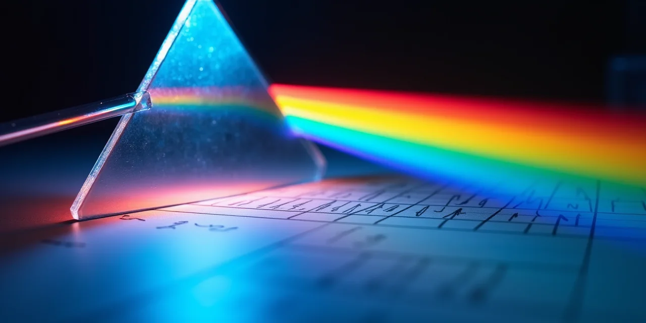 A prism casting a rainbow spectrum across a surface with a melanopsin absorption curve chart overlay