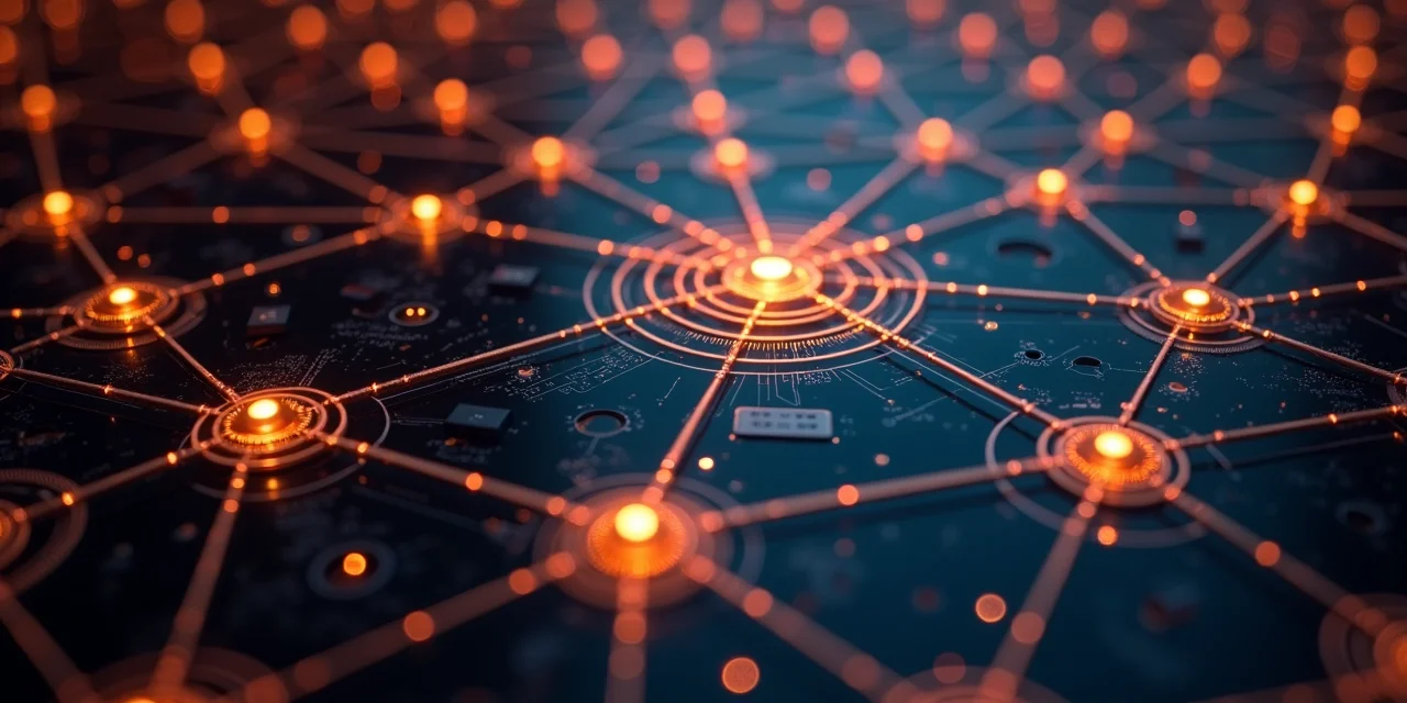 Copper wire circuit network on dark substrate with some nodes glowing brightly and others dim