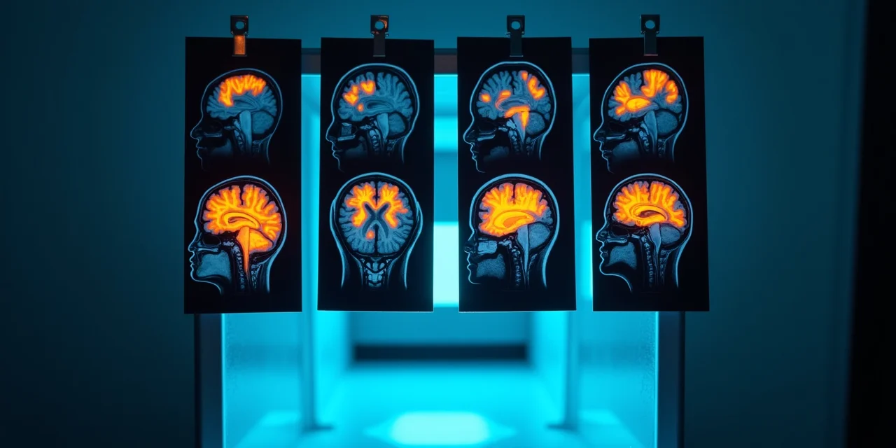 Brain MRI scans on a radiology light box with highlighted limbic and prefrontal regions, clinical room in dim background