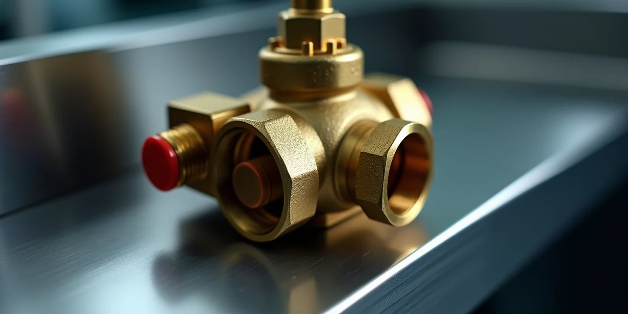 A brass valve with one inlet port sealed by a red safety interlock while others remain open, representing deterministic gating at each tool-call boundary